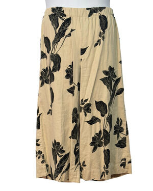 Ophelia Roe Sz L Pull-On Pants 21"L Wide Leg Linen-Blend Neutral Beige Floral